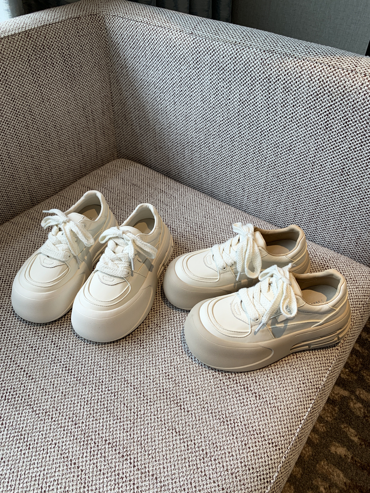 Women's White Casual Sneakers - Lace-Up Genuine Leather Thick Sole - Versatile 2025 Spring Style Bread Shoes Women's White Casual Sneakers - Lace-Up Genuine Leather Thick Sole - Versatile 2025 Spring Style Bread Shoes