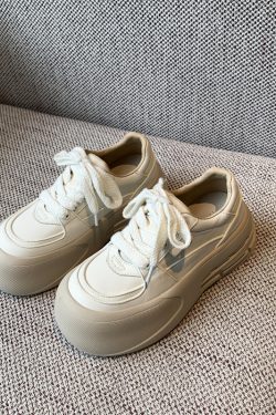 Women's White Casual Sneakers - Lace-Up Genuine Leather Thick Sole - Versatile 2025 Spring Style Bread Shoes