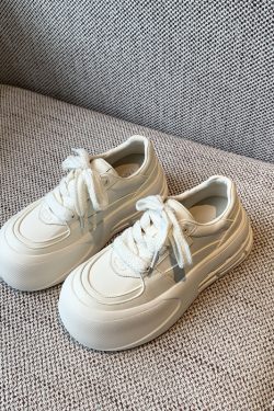 Women's White Casual Sneakers - Lace-Up Genuine Leather Thick Sole - Versatile 2025 Spring Style Bread Shoes