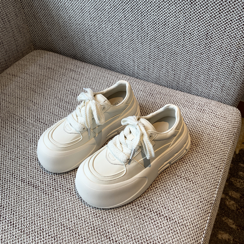 Women's White Casual Sneakers - Lace-Up Genuine Leather Thick Sole - Versatile 2025 Spring Style Bread Shoes Women's White Casual Sneakers - Lace-Up Genuine Leather Thick Sole - Versatile 2025 Spring Style Bread Shoes