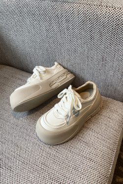 Women's White Casual Sneakers - Lace-Up Genuine Leather Thick Sole - Versatile 2025 Spring Style Bread Shoes