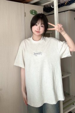 Women’s White Gray Embroidered Letter Short Sleeve T-Shirt - Trendy Summer 2025 Casual Style with Unique Shoulder Design