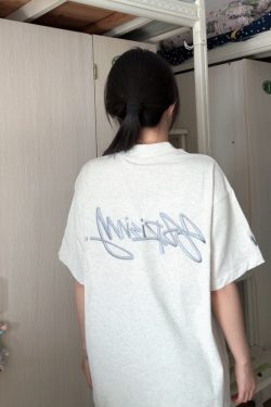 Women’s White Gray Embroidered Letter Short Sleeve T-Shirt - Trendy Summer 2025 Casual Style with Unique Shoulder Design