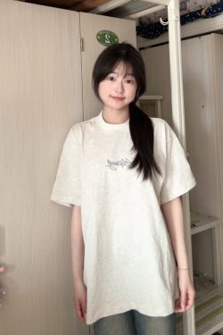 Women’s White Gray Embroidered Letter Short Sleeve T-Shirt - Trendy Summer 2025 Casual Style with Unique Shoulder Design