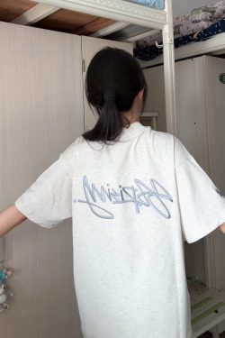 Women’s White Gray Embroidered Letter Short Sleeve T-Shirt - Trendy Summer 2025 Casual Style with Unique Shoulder Design