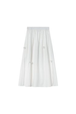 Women's White Half-Length A-Line Skirt with 3D Rose Flower Decoration - Summer 2025 Trendy Floral Style