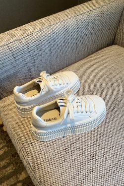 Women's White Lace-Up Genuine Leather Sneakers - 2025 Spring Thick-Soled Casual Biscuit Shoes, Comfortable Y2K Style