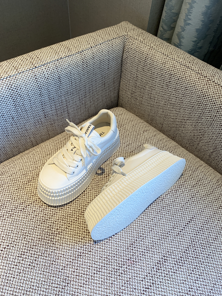 Women's White Lace-Up Genuine Leather Sneakers - 2025 Spring Thick-Soled Casual Biscuit Shoes, Comfortable Y2K Style Women's White Lace-Up Genuine Leather Sneakers - 2025 Spring Thick-Soled Casual Biscuit Shoes, Comfortable Y2K Style