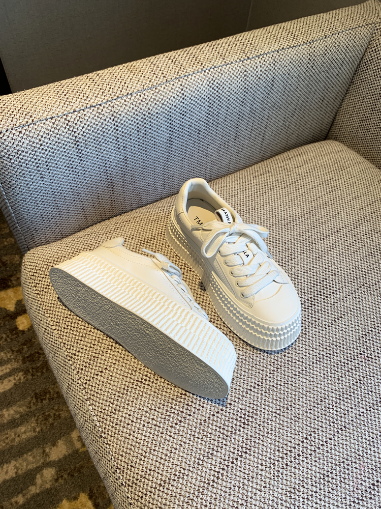 Women's White Lace-Up Genuine Leather Sneakers - 2025 Spring Thick-Soled Casual Biscuit Shoes, Comfortable Y2K Style Women's White Lace-Up Genuine Leather Sneakers - 2025 Spring Thick-Soled Casual Biscuit Shoes, Comfortable Y2K Style