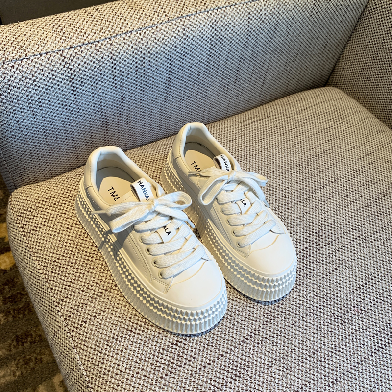 Women's White Lace-Up Genuine Leather Sneakers - 2025 Spring Thick-Soled Casual Biscuit Shoes, Comfortable Y2K Style Women's White Lace-Up Genuine Leather Sneakers - 2025 Spring Thick-Soled Casual Biscuit Shoes, Comfortable Y2K Style