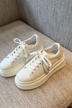 Women's White Lace-Up Platform Sneakers - 2025 New Style Thick-Soled Genuine Leather Casual Sports Shoes