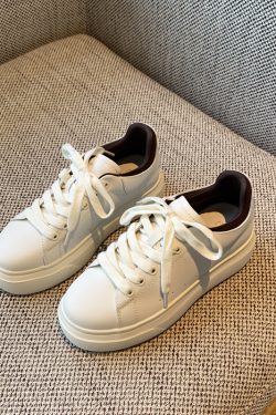 Women's White Lace-Up Sneakers - Comfortable Thick-Soled Genuine Leather Casual Footwear for Spring 2025 - Versatile Student Style