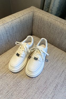 Women's White Lace-Up Sneakers with Thick Sole and Metal Buckle - Versatile Breathable Casual Sports Shoes for Autumn Fashion