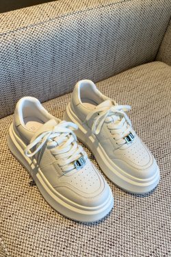 Women's White Lace-Up Sneakers with Thick Sole and Metal Buckle - Versatile Breathable Casual Sports Shoes for Autumn Fashion