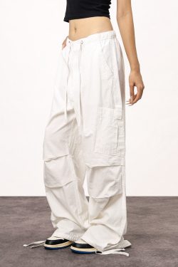 Women's White Loose Casual Paratrooper Pants - Unisex Wide-Leg Straight Trousers - Y2K Inspired Fashion