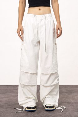 Women's White Loose Casual Paratrooper Pants - Unisex Wide-Leg Straight Trousers - Y2K Inspired Fashion
