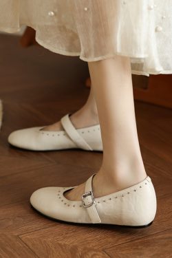Women's White Mary Jane Shoes with Rivets, Soft Bottom Summer Flats, Hidden Height, Large Size 41-42, Stylish Comfort