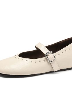 Women's White Mary Jane Shoes with Rivets, Soft Bottom Summer Flats, Hidden Height, Large Size 41-42, Stylish Comfort