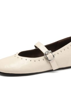 Women's White Mary Jane Shoes with Rivets, Soft Bottom Summer Flats, Hidden Height, Large Size 41-42, Stylish Comfort