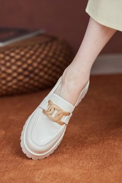 Women's White Thick-Soled Slip-On Loafers in British Style - Genuine Leather Spring Summer 2025 Fashion Footwear