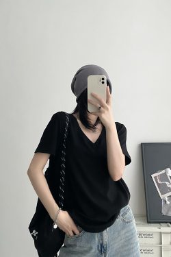 Women's White V-Neck Short Sleeve T-Shirt, Loose Fit Drop Shoulder, Spring Summer Basic Top, Versatile Layering Piece