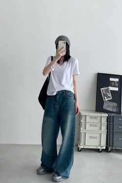 Women's White V-Neck Short Sleeve T-Shirt, Loose Fit Drop Shoulder, Spring Summer Basic Top, Versatile Layering Piece