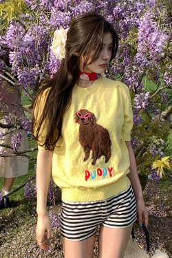 Women's Y2K Cropped Yellow Knitted Top with Dog Embroidery - Short Sleeve Round Neck Fun Summer Style