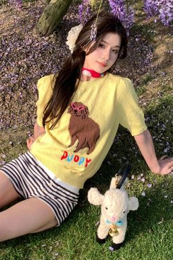 Women's Y2K Cropped Yellow Knitted Top with Dog Embroidery - Short Sleeve Round Neck Fun Summer Style
