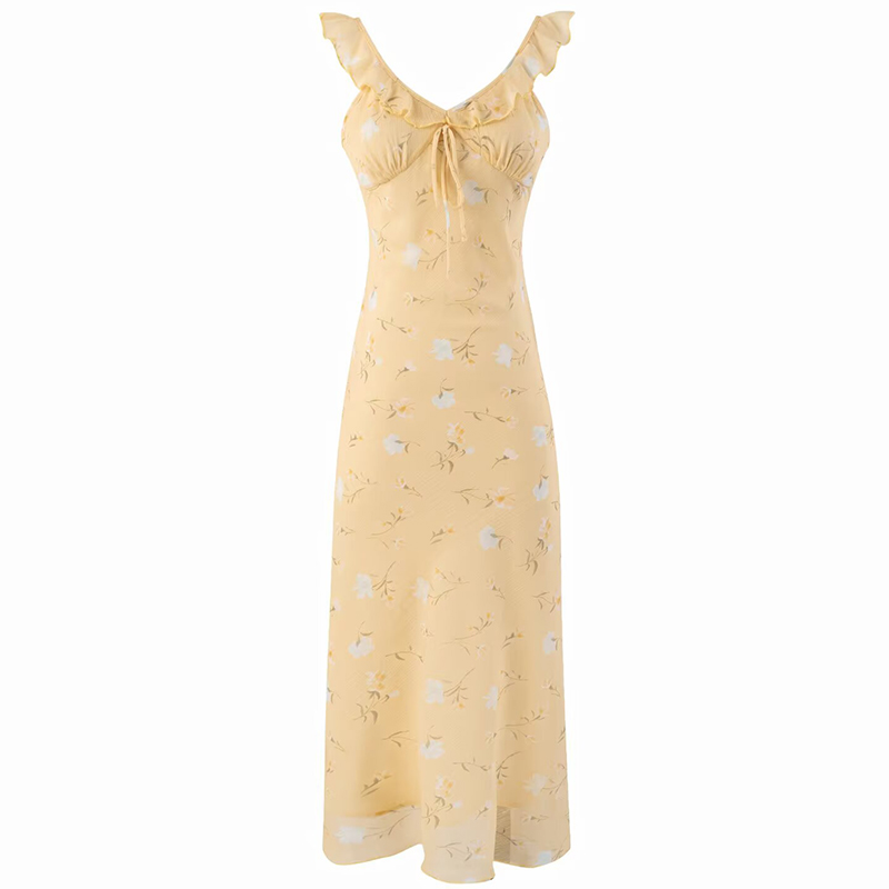 Women's Yellow Floral Long Dress - French Style, Spaghetti Strap, Waist-Cinching, Slim-Fit, Elegant Vacation Outfit Women's Yellow Floral Long Dress - French Style, Spaghetti Strap, Waist-Cinching, Slim-Fit, Elegant Vacation Outfit