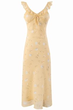 Women's Yellow Floral Long Dress - French Style, Spaghetti Strap, Waist-Cinching, Slim-Fit, Elegant Vacation Outfit
