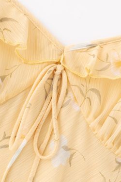 Women's Yellow Floral Long Dress - French Style, Spaghetti Strap, Waist-Cinching, Slim-Fit, Elegant Vacation Outfit