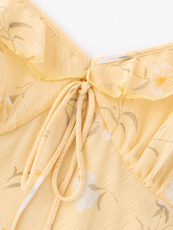 Women's Yellow Floral Long Dress - French Style, Spaghetti Strap, Waist-Cinching, Slim-Fit, Elegant Vacation Outfit Women's Yellow Floral Long Dress - French Style, Spaghetti Strap, Waist-Cinching, Slim-Fit, Elegant Vacation Outfit