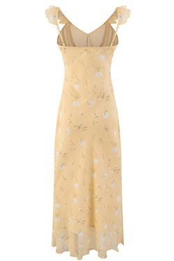 Women's Yellow Floral Long Dress - French Style, Spaghetti Strap, Waist-Cinching, Slim-Fit, Elegant Vacation Outfit