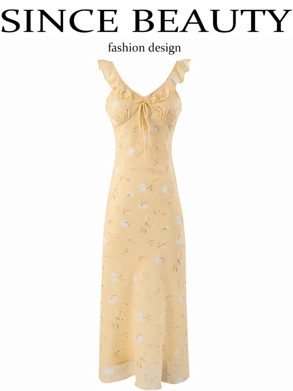 Women's Yellow Floral Long Dress - French Style, Spaghetti Strap, Waist-Cinching, Slim-Fit, Elegant Vacation Outfit Women's Yellow Floral Long Dress - French Style, Spaghetti Strap, Waist-Cinching, Slim-Fit, Elegant Vacation Outfit