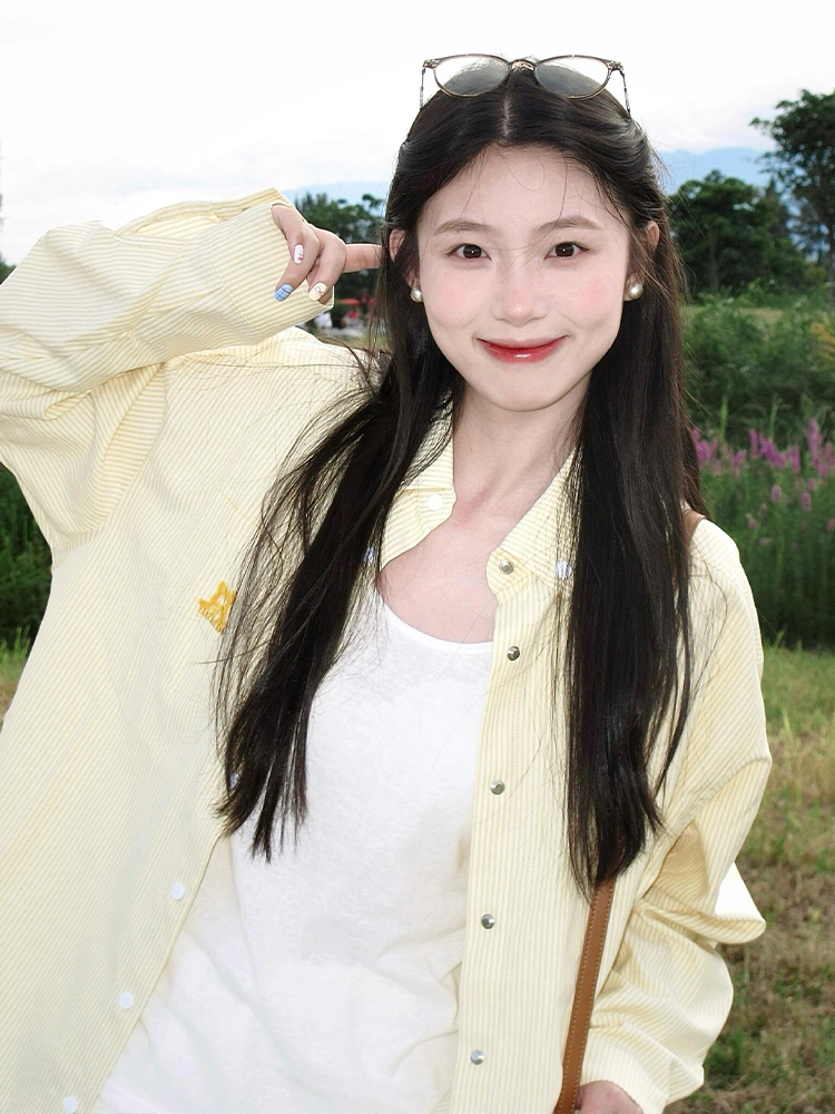 Women's Yellow Striped Shirt with Dog Embroidery, Loose Summer Jacket, American Style, Sun Protection, Trendy Dopamine Top Women's Yellow Striped Shirt with Dog Embroidery, Loose Summer Jacket, American Style, Sun Protection, Trendy Dopamine Top