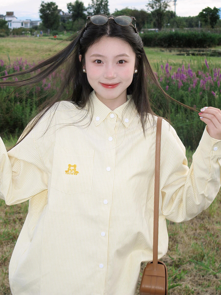 Women's Yellow Striped Shirt with Dog Embroidery, Loose Summer Jacket, American Style, Sun Protection, Trendy Dopamine Top Women's Yellow Striped Shirt with Dog Embroidery, Loose Summer Jacket, American Style, Sun Protection, Trendy Dopamine Top