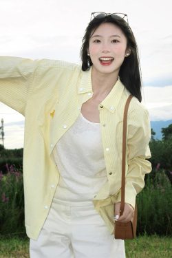 Women's Yellow Striped Shirt with Dog Embroidery, Loose Summer Jacket, American Style, Sun Protection, Trendy Dopamine Top