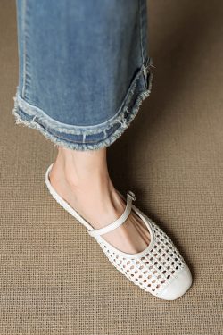 Woven Hollow Out Square Toe Genuine Leather Slippers for Women - 2025 Outdoor Style, Height Increasing Closed Toe Half Slippers