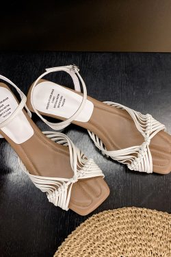 Woven Sheepskin Sandals for Women - Vintage Open-Toe Roman Shoes with Chunky Heel, One-Strap High Heels for Summer Outdoor Style