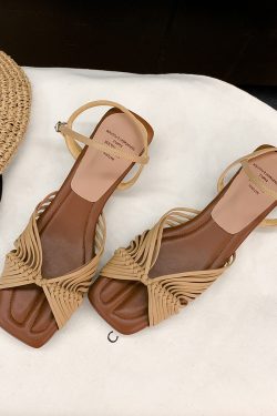 Woven Sheepskin Sandals for Women - Vintage Open-Toe Roman Shoes with Chunky Heel, One-Strap High Heels for Summer Outdoor Style