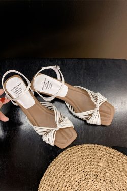 Woven Sheepskin Sandals for Women - Vintage Open-Toe Roman Shoes with Chunky Heel, One-Strap High Heels for Summer Outdoor Style