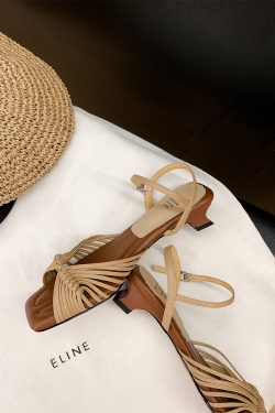 Woven Sheepskin Sandals for Women - Vintage Open-Toe Roman Shoes with Chunky Heel, One-Strap High Heels for Summer Outdoor Style