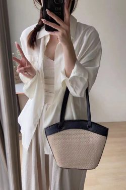 Woven Shoulder Bag for Women - French Retro Vegetable Basket, Casual Beach Vacation Style, Versatile Fashion Accessory