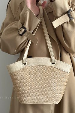 Woven Shoulder Bag for Women - French Retro Vegetable Basket, Casual Beach Vacation Style, Versatile Fashion Accessory