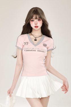 Y2K American Retro Sports Jersey V-Neck Short Sleeve T-Shirt for Women - Slim Fit Cotton Summer Top