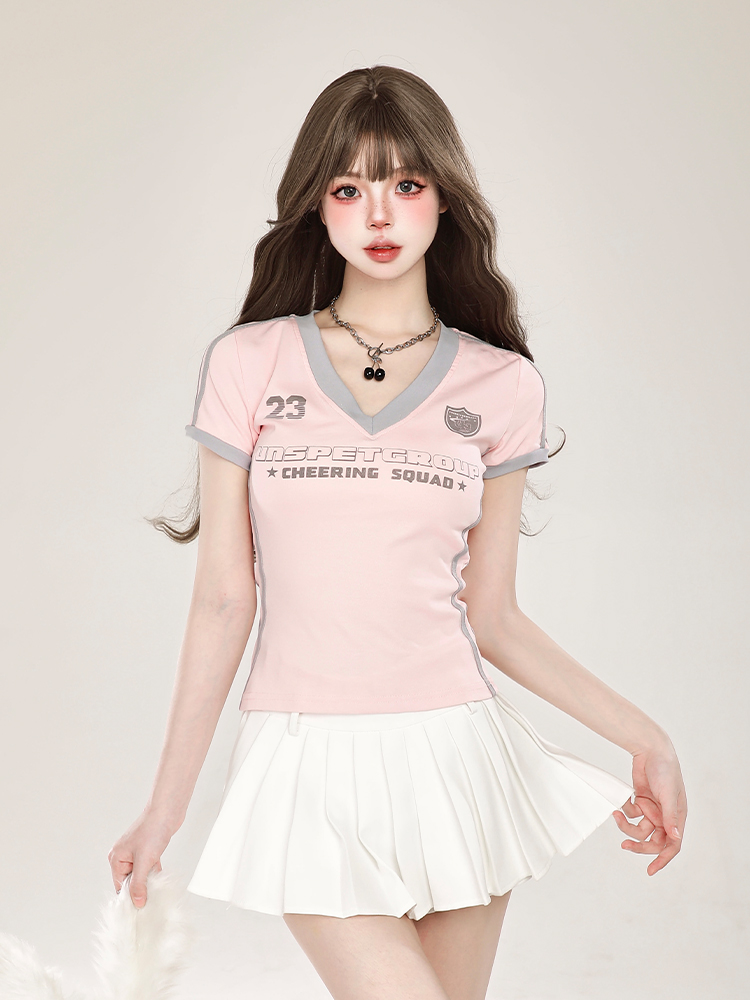 Y2K American Retro Sports Jersey V-Neck Short Sleeve T-Shirt for Women - Slim Fit Cotton Summer Top Y2K American Retro Sports Jersey V-Neck Short Sleeve T-Shirt for Women - Slim Fit Cotton Summer Top