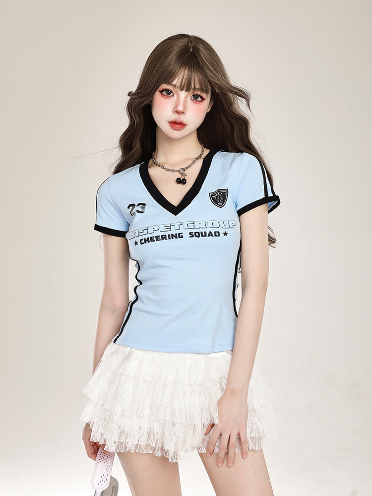 Y2K American Retro Sports Jersey V-Neck Short Sleeve T-Shirt for Women - Slim Fit Cotton Summer Top Y2K American Retro Sports Jersey V-Neck Short Sleeve T-Shirt for Women - Slim Fit Cotton Summer Top