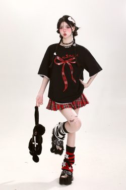 Y2K Butterfly Knot Embroidered Short Sleeve T-Shirt for Women - Summer Loose Fit Sweet Style Top