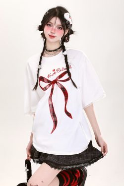 Y2K Butterfly Knot Embroidered Short Sleeve T-Shirt for Women - Summer Loose Fit Sweet Style Top