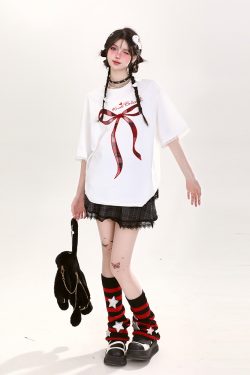 Y2K Butterfly Knot Embroidered Short Sleeve T-Shirt for Women - Summer Loose Fit Sweet Style Top